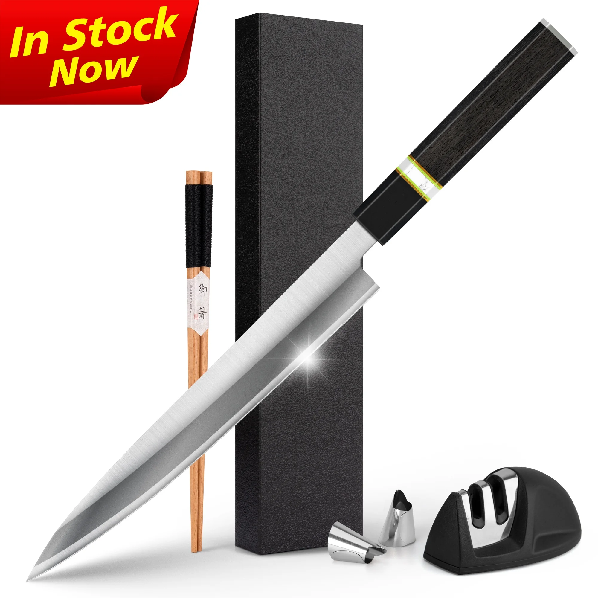 10% Off Custom Logo 10 inch yanagiba sushi knife sashimi knife damascus with Ebony+Ox Horn Octagoncl Handle