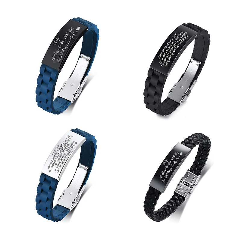 Custom Name Engraved Dad Wristband Fathers Day Jewelry Gift Men Blue Black Stainless Steel Silicone Leather Bracelet