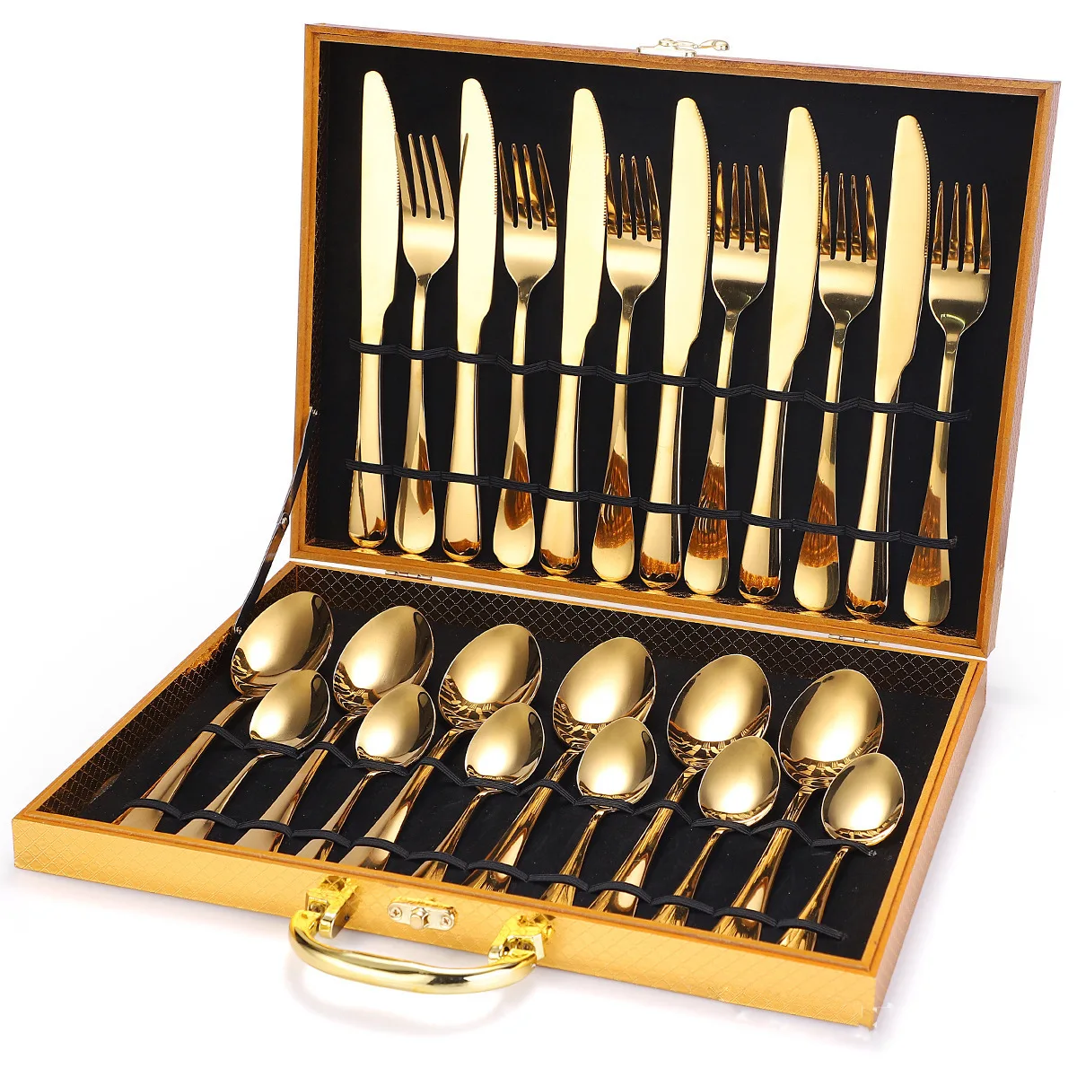Amazon Hot Golden Flatware Set Stainless Steel , Gold Cutlery Set 24 pcs with Wood Box