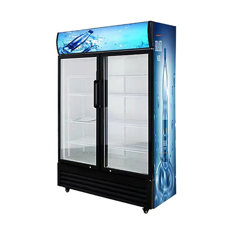 Manufacturer supply double door upright chiller freezer with glass doors coca display cola refrigerator