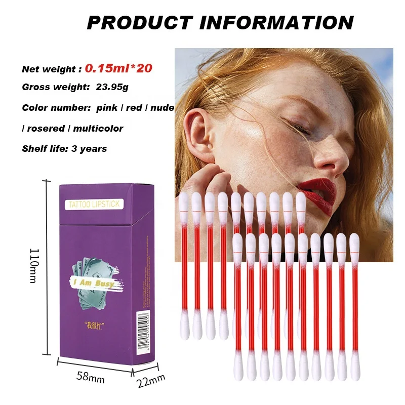 Free Sample Long Lasting Lip Gloss Cotton Swab Lipstick, Cigarette Cotton Swab Tattoo Lipstick