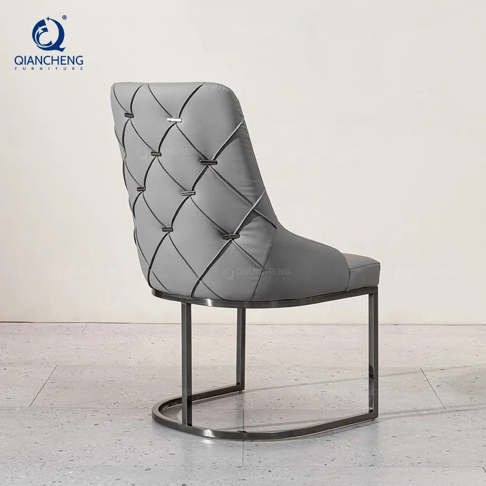 QIANCHENG black stainless steel dining velvet accent restaurant cafe grey leather upholstered dinning chair for living room