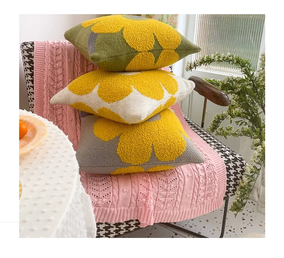 PLHAN  Boho Striped  Knit Decorative Flower Smiling Face Knit Living Room Sofa Throw Pillow Cover