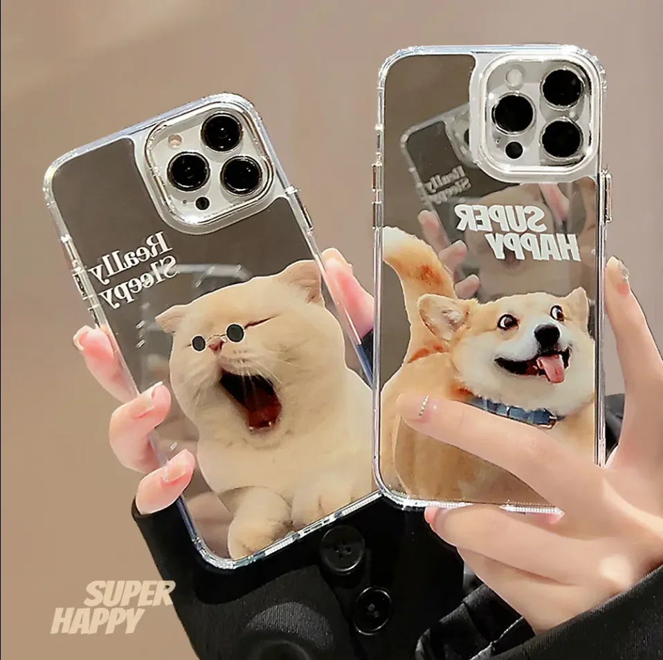 For iphone 15 14 13 12 11 Pro Back Bumper Protector Cover Max Cute Cat Gog Plated Mirror Mobile Phone Case