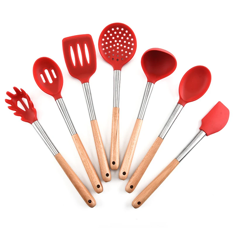 7-Piece Colourful Silicone Kitchen Utensils Set with Wooden Handle for Food Preparation in Kitchen Bar Custom Logo Packaging