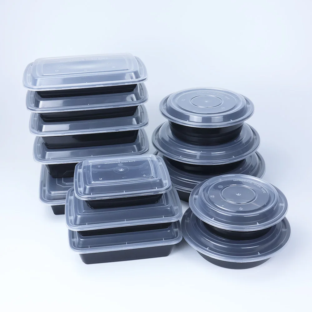 37oz Black Round Food Storage Stackable Meal Prep Bowls Disposable Plastic Microwavable Containers with lid