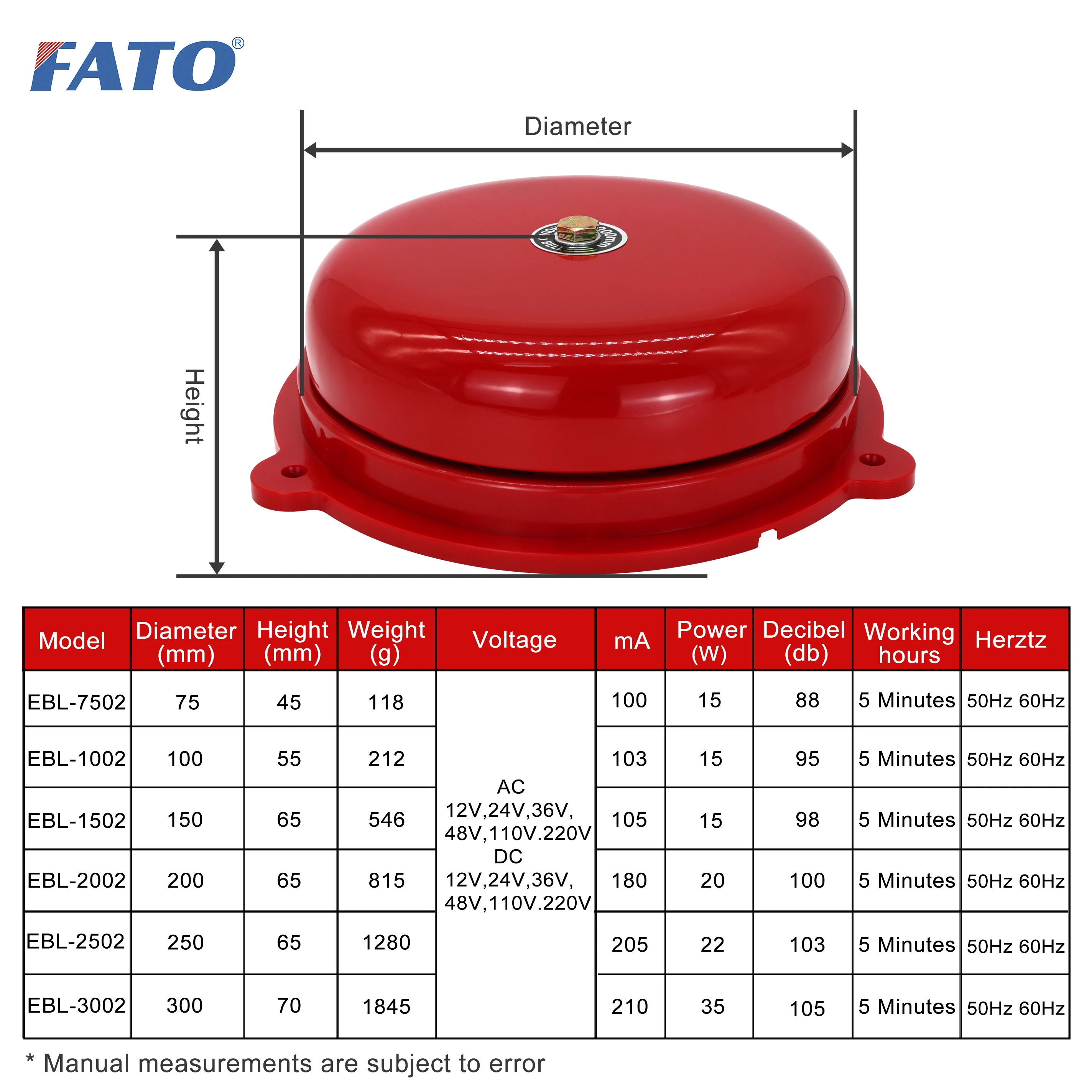 FATO EBL Series Electric Alarm Bell 3-6-12 inch Factory School 12/24/36/48/110/220V AC DC105dB Red 150mm Sound Audible Appliance