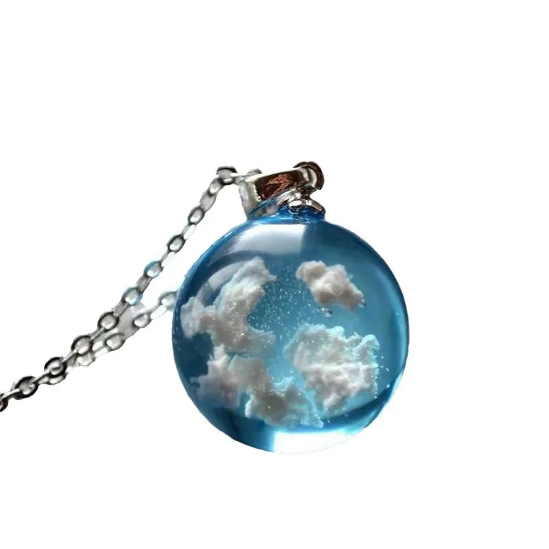 European American Creative Unisex Short Necklace Blue Sky White Clouds Mori Transparent Spherical Resin Pendant Ball Women