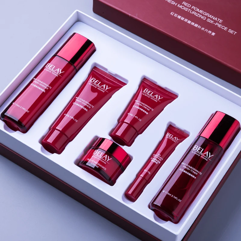 Cosmetics Women Hyaluronic Acid Moisturizing Skin Care Set Facial Cleanser Face Essence  Red Pomegranate Skincare 6pcs Kit