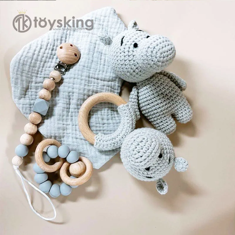 Newborns Muslin Cotton Blanket Handmade Crochet Rattle Wood Ring Teething Toy Baby Shower Party Milestone Gift Chunky Toy Set