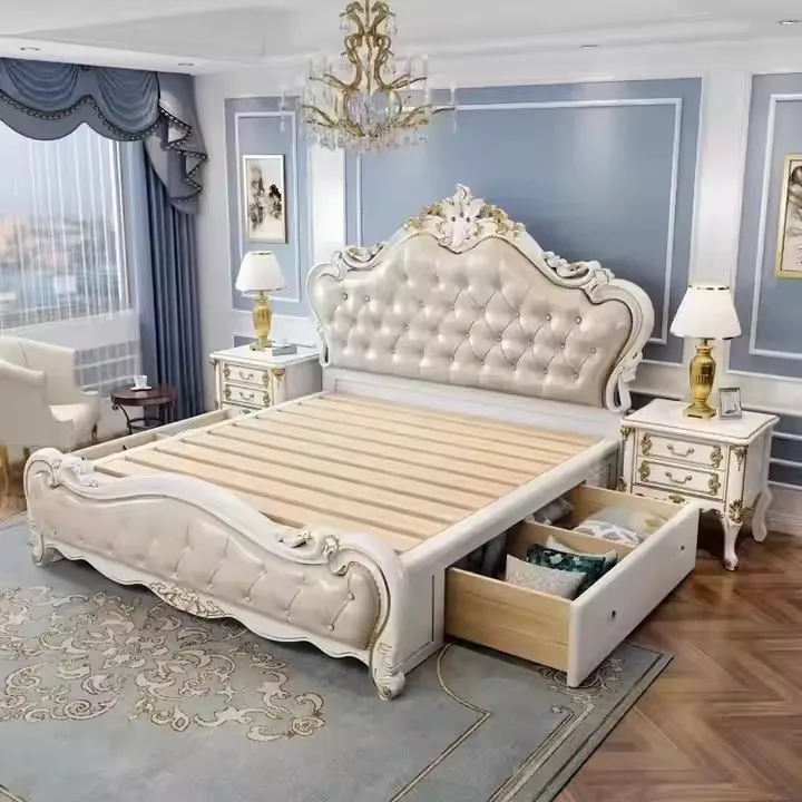 European Luxury Bedroom Storage Bed Frame King Size Bed Frame Solid Wood Princess Double Queen Size White Bed