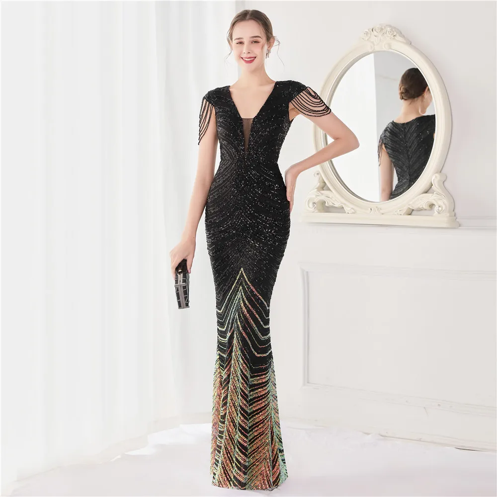 New Arrival Gold Black Deep V-neck Sweet Long Bride Party Sleeveless Sequins Prom Dresses Floor-length Evening Dress