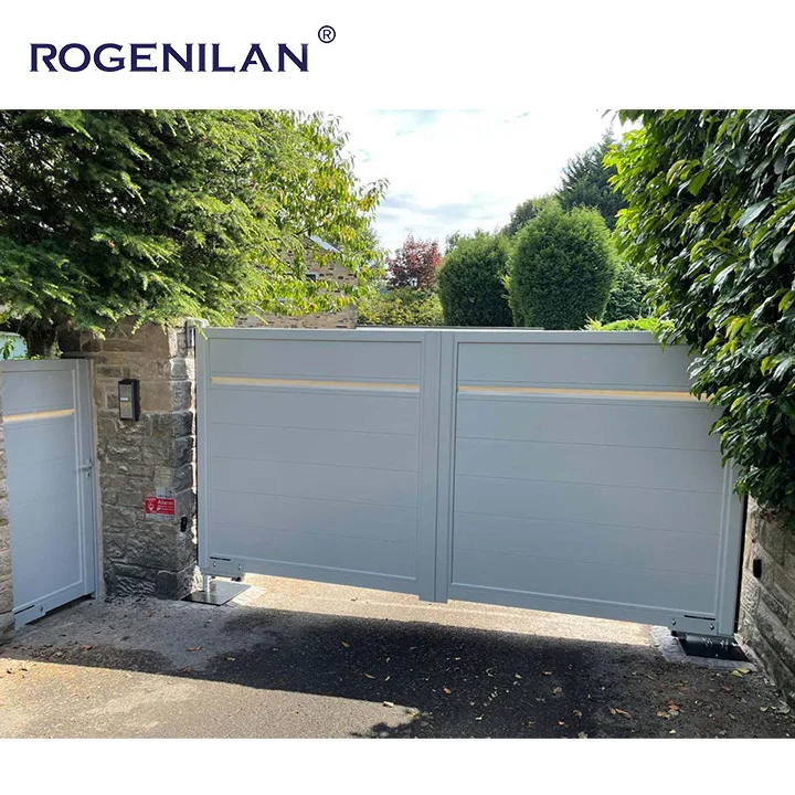 Rogenilan Latest intelligent remote control sliding entrance design outdoor trackless aluminium outdoor gate