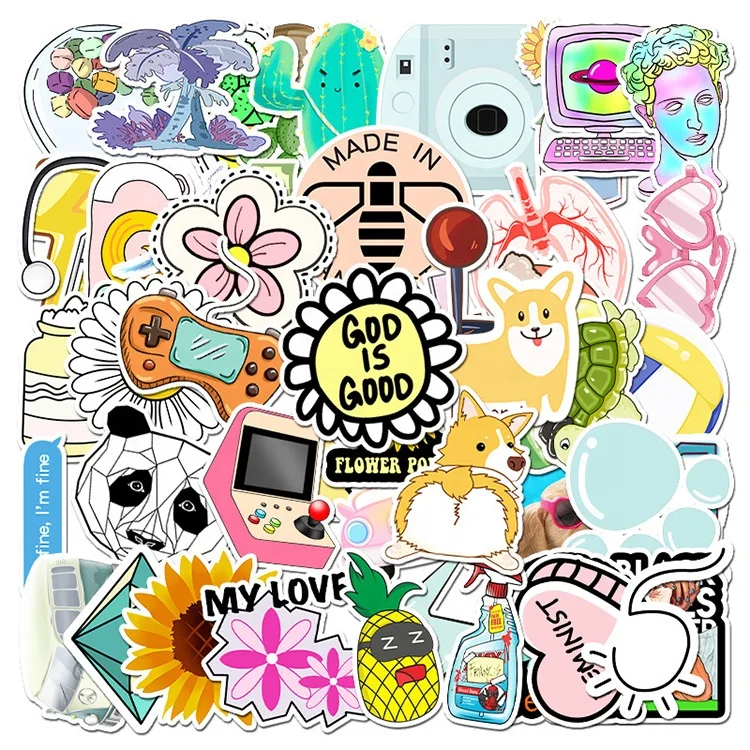 Die Cut Waterproof Vinyl Aesthetic Decorative Stickers 50pcs per Pack Adhesive PVC Cartoon Fashion Stickers for Laptop Suitcase