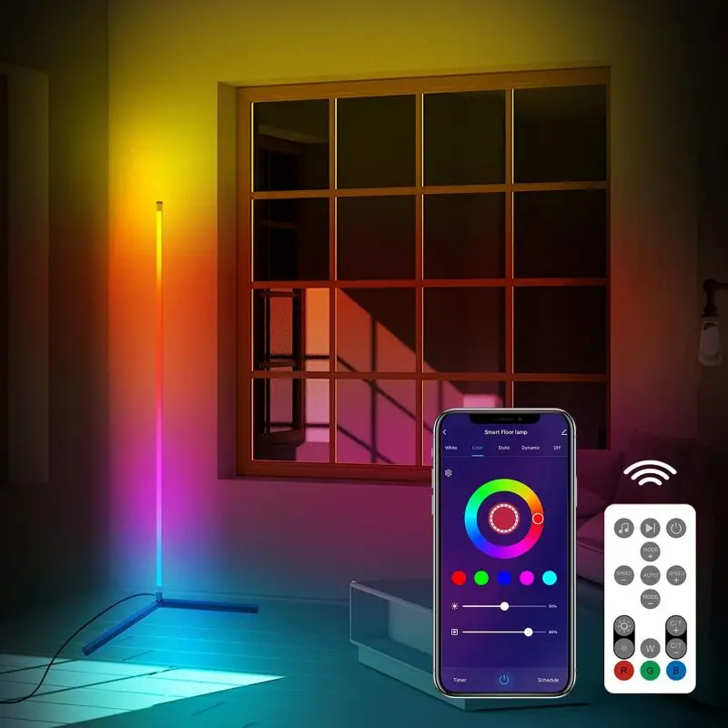 Smart RGB Corner Floor Lamp Color Changing Modern Floor Lamps for Living Room Bedroom 56' Tall Dimmable Upright LED with Remote