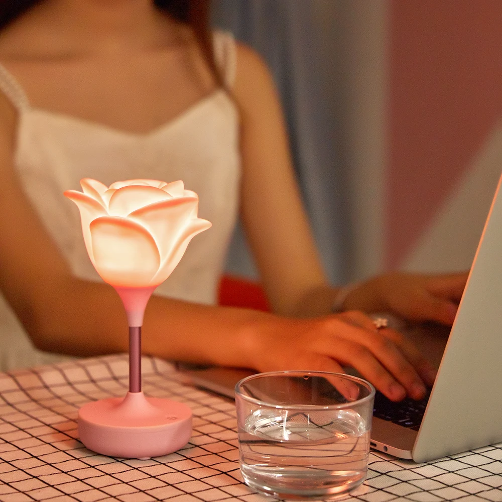 Rose Flower Lovely Romantic Desk Light Bedside Night LED Dim-able USB Rechargeable Lamp for Lovers Valentine Christmas Gift