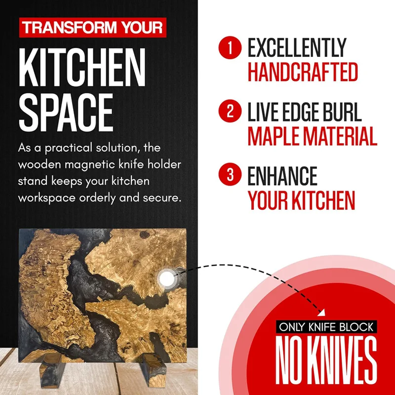 Natural Wood Blend Large Magnetic Knife Block Universal Epoxy Resin Wooden Magnetic Knife Holder Knives Storage Rack