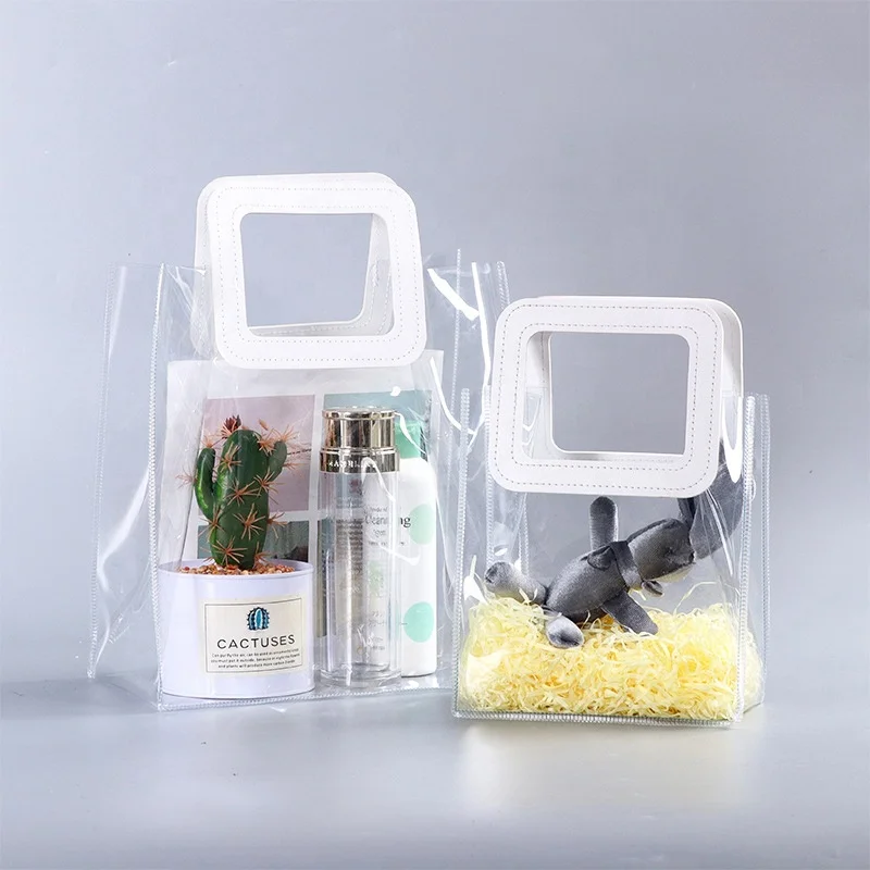 Soft pu leather handles high quality logo printed gift travel tote clear shopping bags recycled clear pvc shopping bag