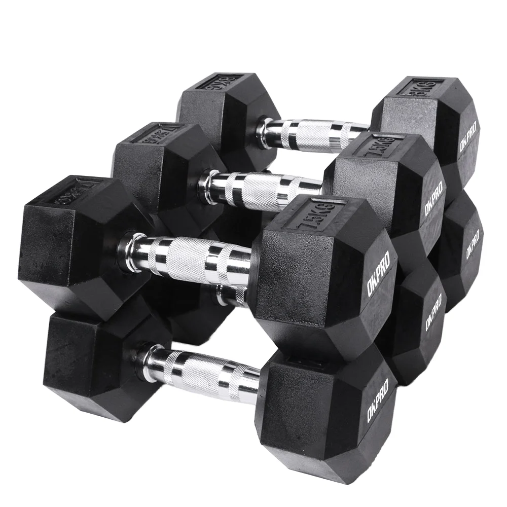Factory Direct Sales Black Hex Dumbbel Fitness Custom Logo Rubber Hexagon Dumbell Free Weights Fitness Gym Rubber Hex Dumbbells