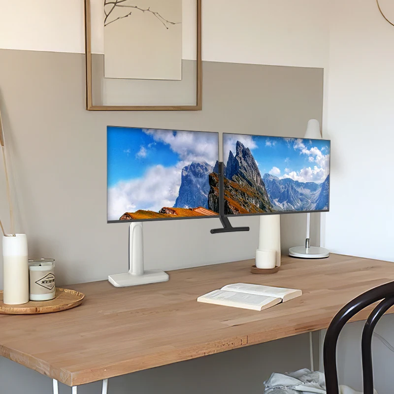 Dual Monitor Arm  Mount with Crossbar 2 Piece Clamp Mount Base | Angled Link/Dynamic Link | Standard Black Vesa Bracket