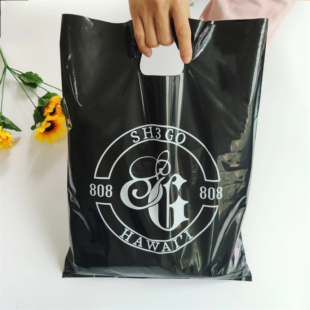 Custom Printed Logo Design PE Handle Plastic Bag Die Cut Bag Carry Poly Shopping Bag For Clothing/Shoe Packaging