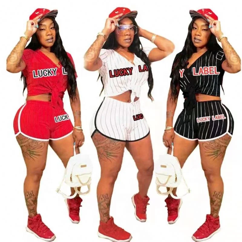 Summer trendy lucky label outfits 2 piece set women striped shirts shorts set baseball wear