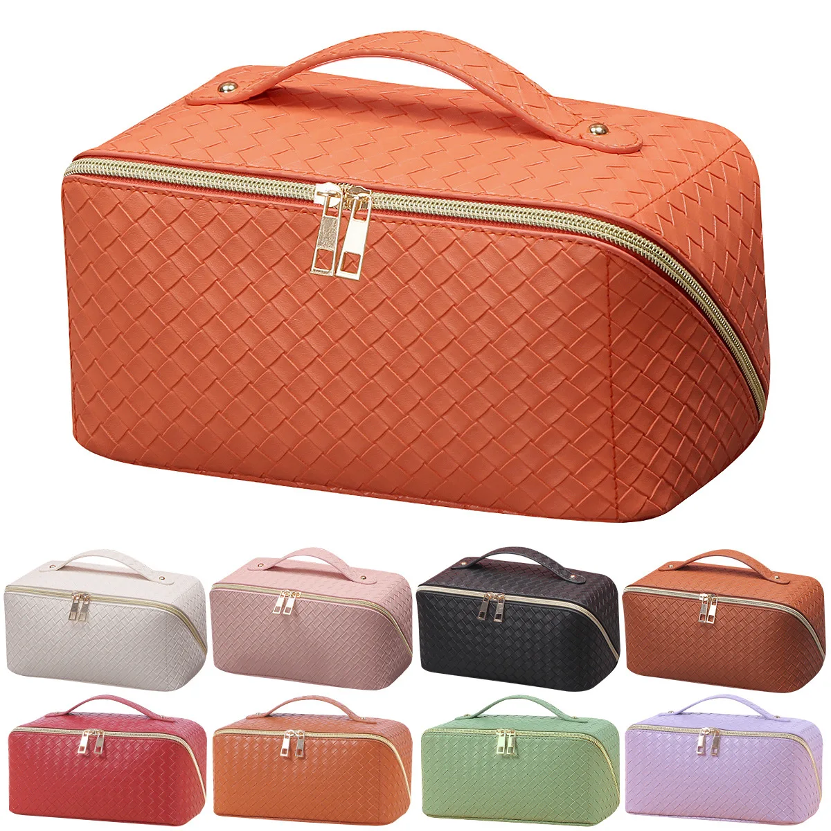 Opens Flat Travel  Leather Makeup Storage Bag Woven Leather Makeup Bag Toiletry Cosmetic Make Up Bag