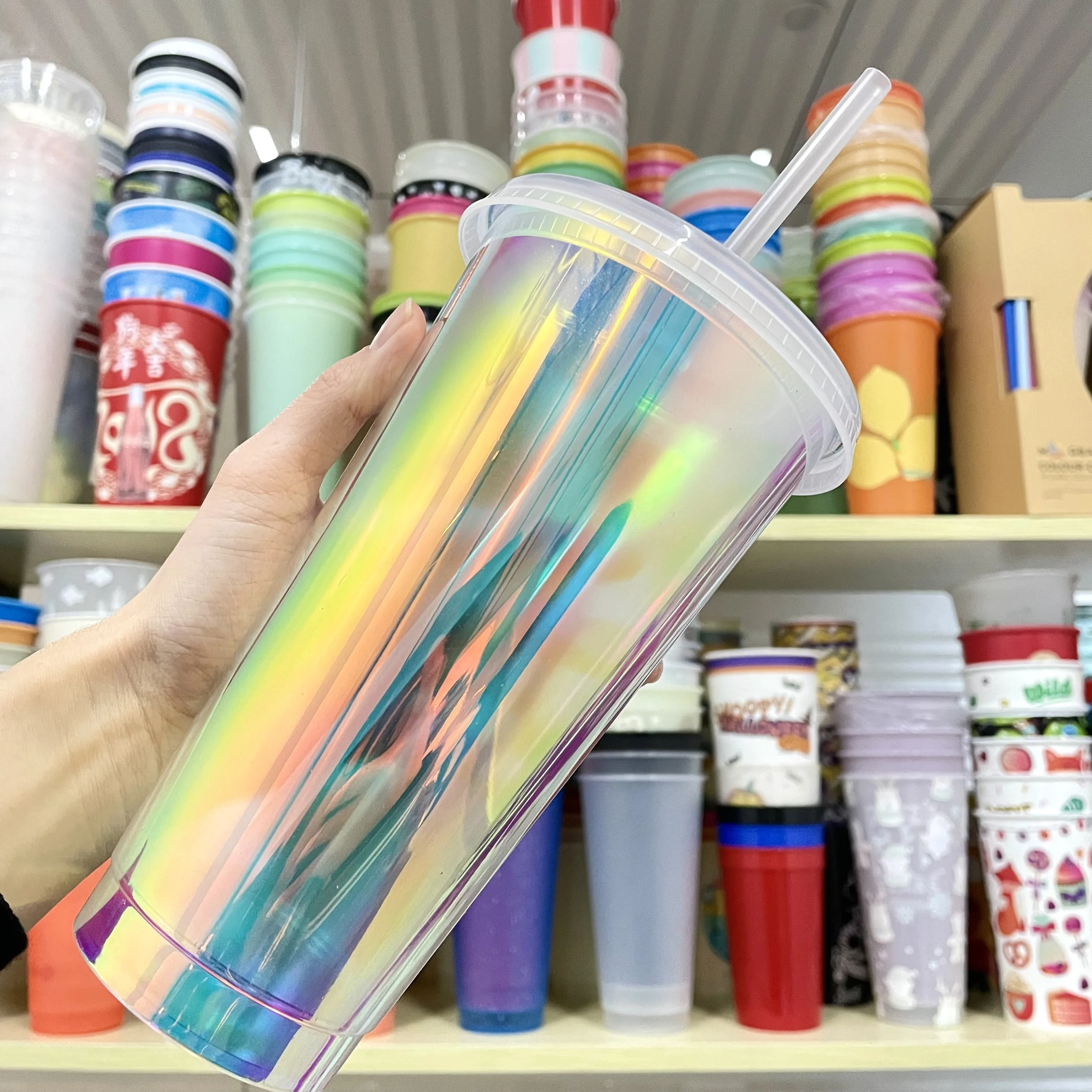 New Arrival Wholesale Holographic 710Ml 24Oz Tumbler Reusable Clear Iced Coffee Plastic Hologram Cup