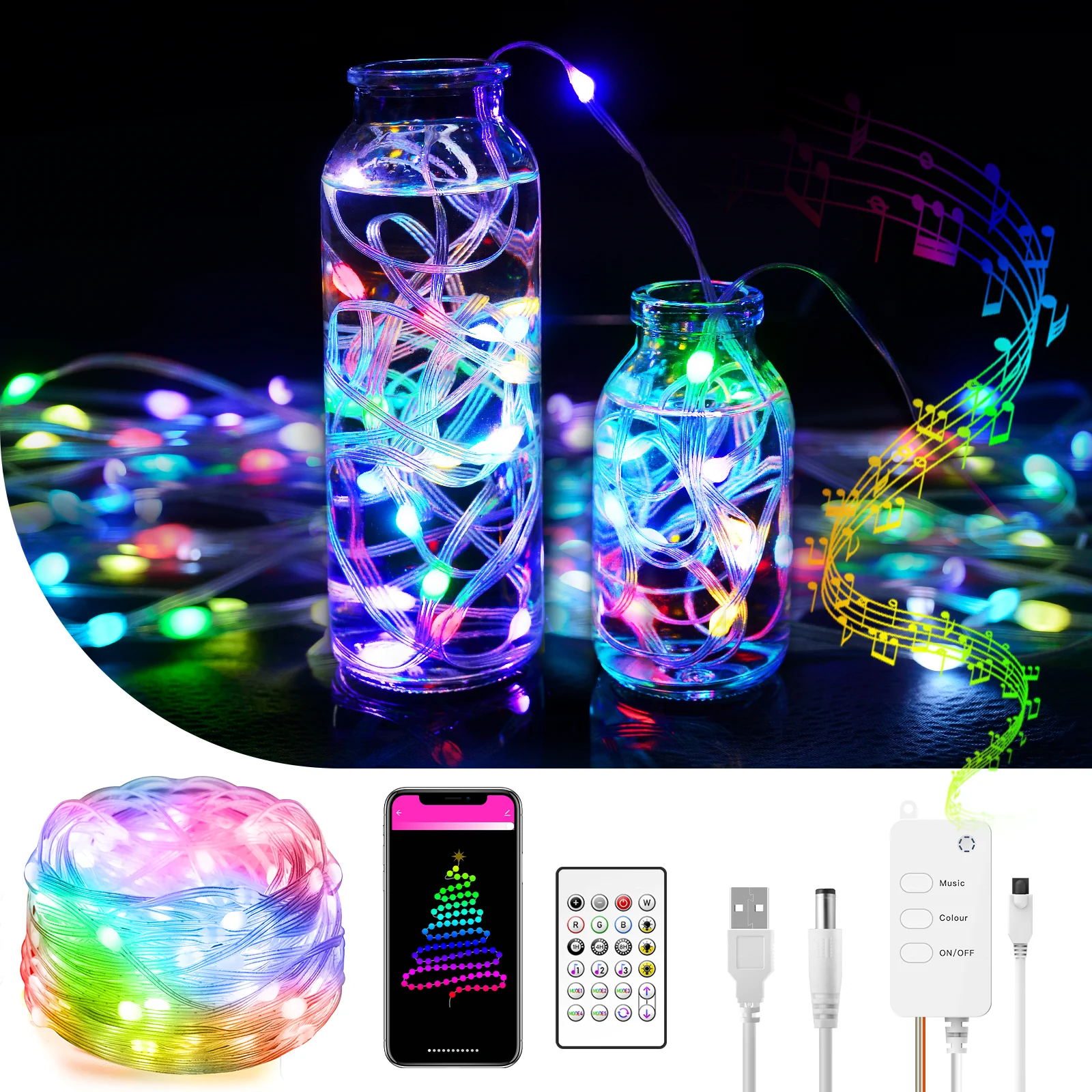 
5M 30LEDs 10M 20M Rubber Cable Holiday Lights LED Strings USB APP Control LED Fairy String Light For Christmas Tree 