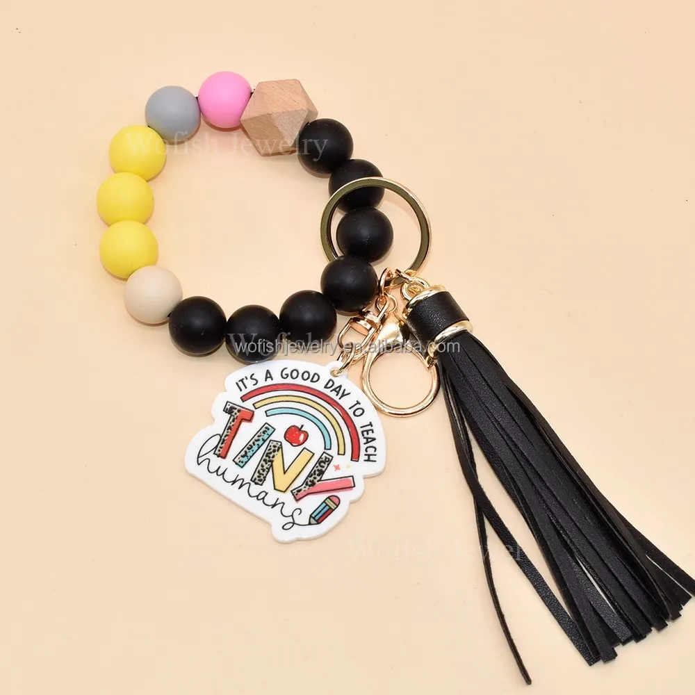 Wofish Designs Silicone Pencil Colors Beaded With IT IS GOOD DAY TO TEACH TNIY Disc Charm Wristlet Bracelet Keychain For Teacher