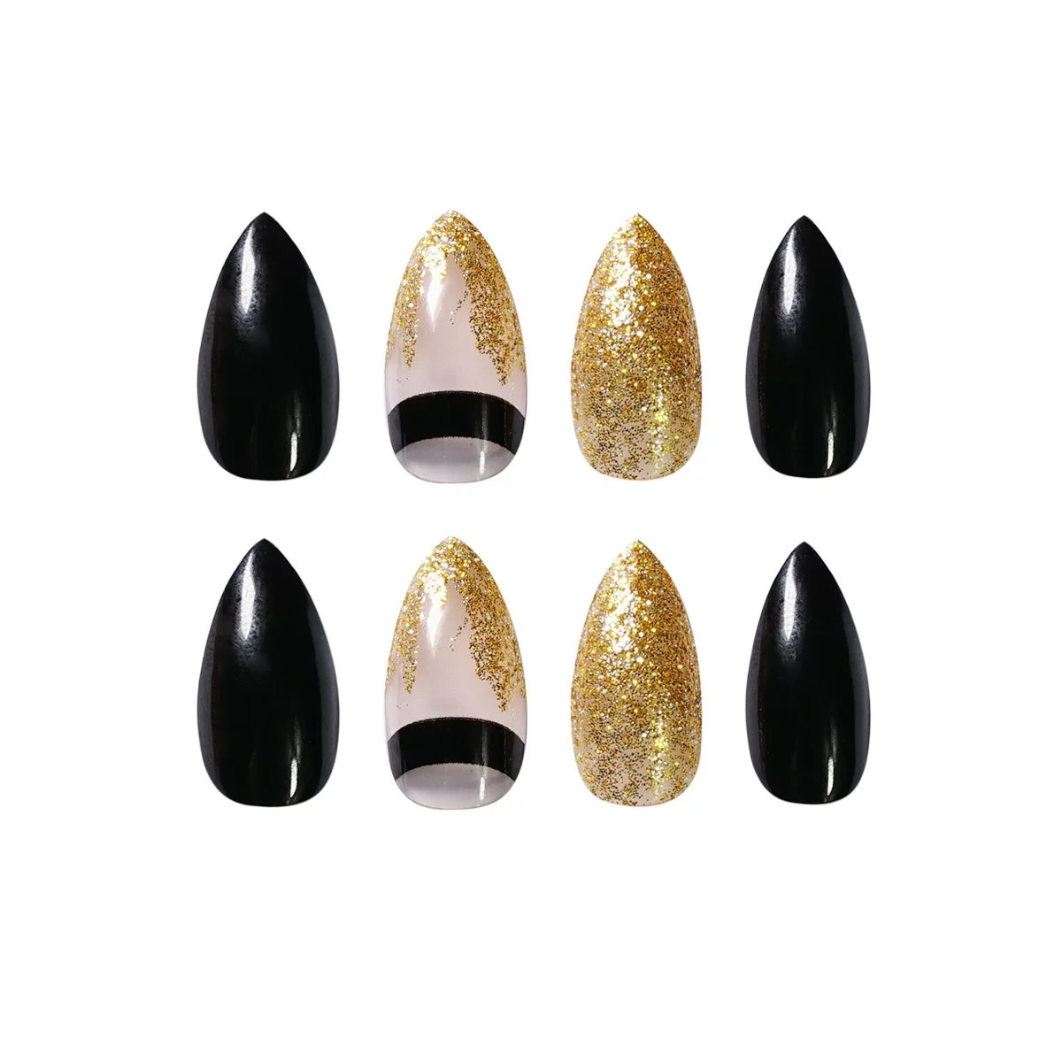 Finished product black and gold glitter nail art vendors reusable press on nails handmade 24 pcs nails
