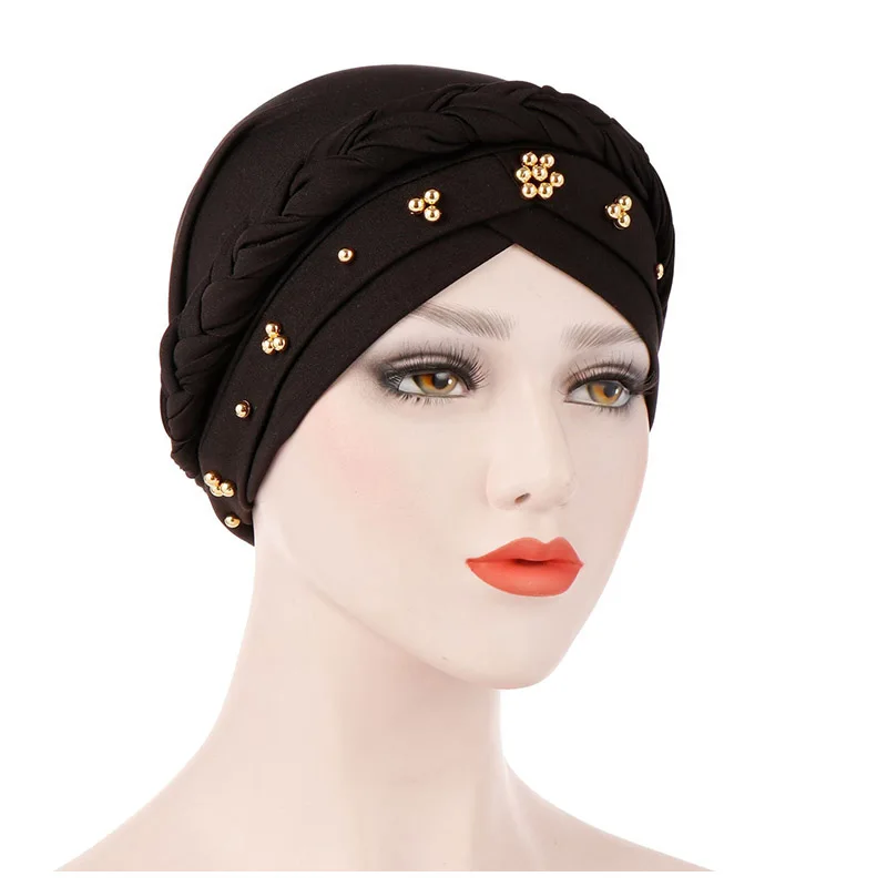 New European American Spring Tube Autumn Baotou Milk Silk Monochrome Beaded Plait Turban Headband Hat in Stock