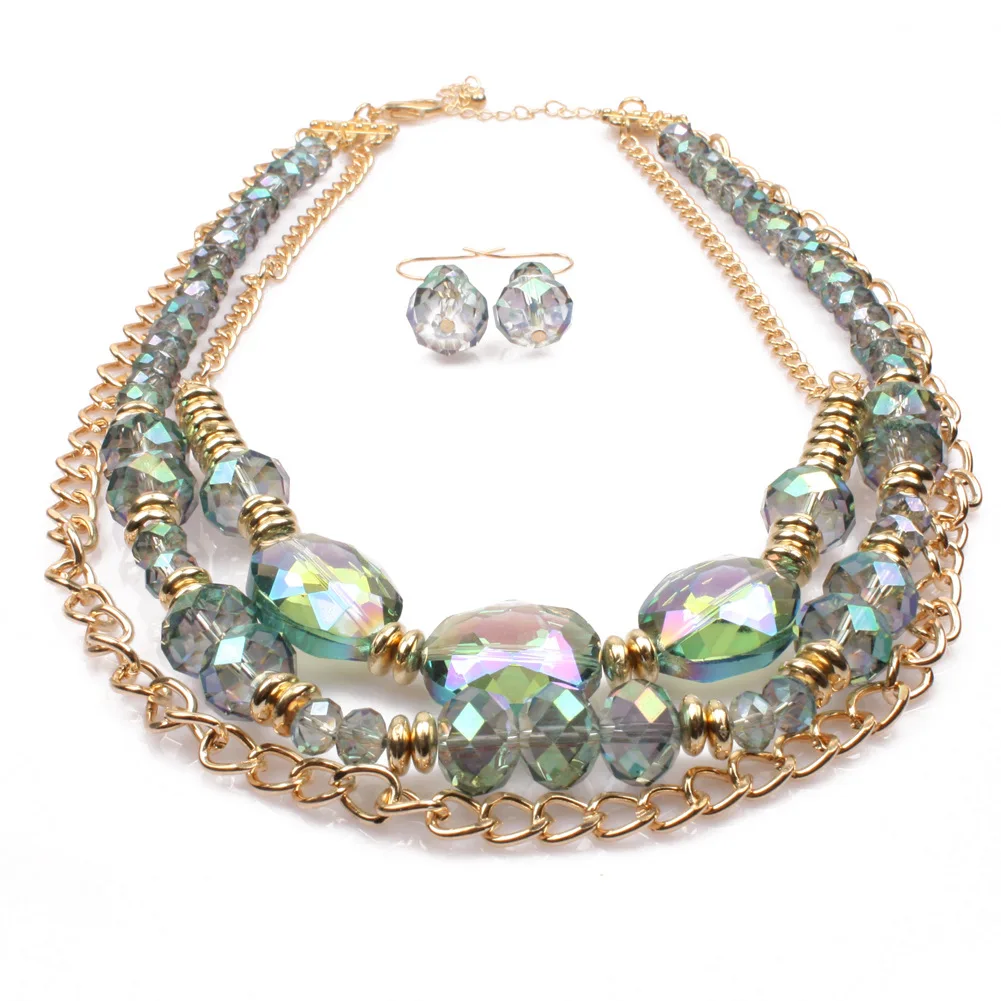 Fashion Design Handmade Glass Beads Jewelry Multi Layered Necklace And Earring Set lux jewelry