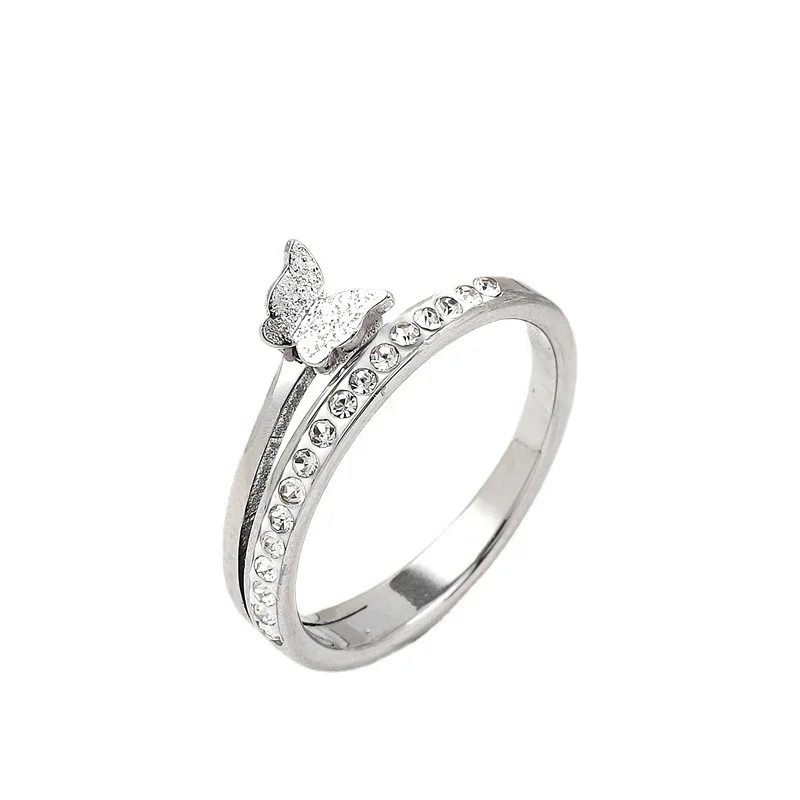 DIY Charm Titanium Steel Jewelry Press Sand Butterfly Clay Diamond Ring AAA Cubic Zirconia Stainless Steel Women Butterfly Ring