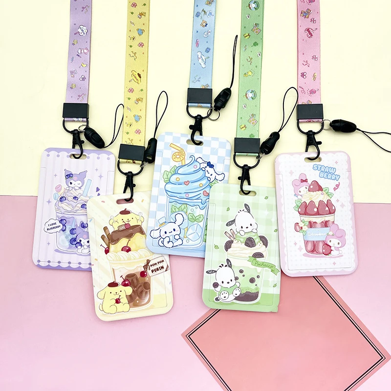 Best Selling Cute Pochacco Cinnamoroll Melody Kuromi Pompom Purin Design Card Holder With Lanyards ID Badge Plastic Card Cover