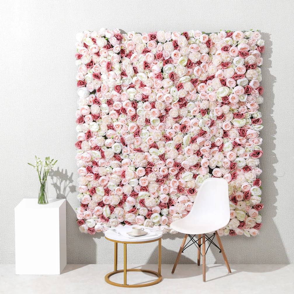 Wedding Decor Custom 3D Pink Roll up Cloth Artificial Silk Rose Flower Panel Backdrop Flower Wall
