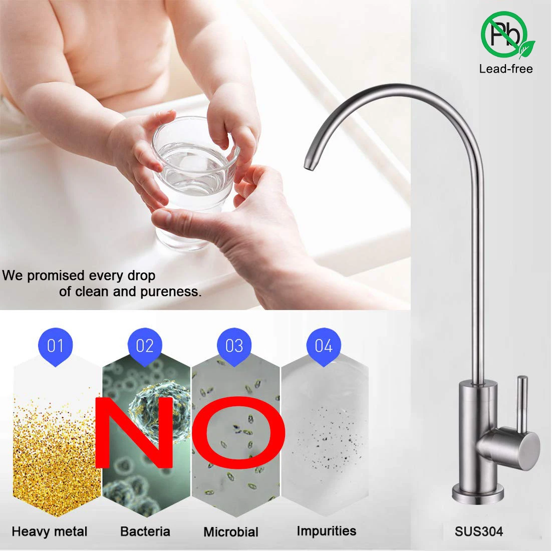 Water Filter Faucet 100% Lead-Free Drinking Water Faucet Lengthened Threaded Rod Fits Most Kitchen Countertop