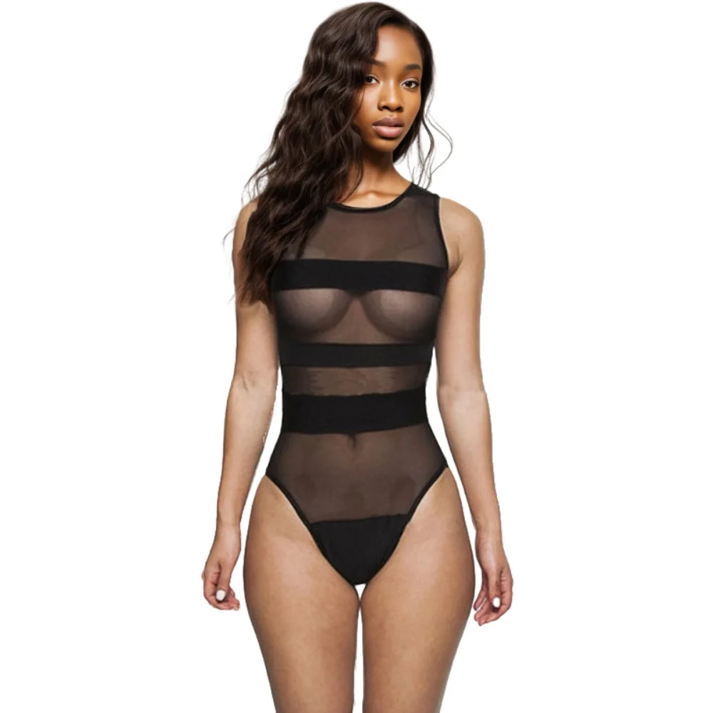 E0106TA89 Sexy See Through Mesh Fitness One Piece Black Swimwear For Women Sehe Fashion