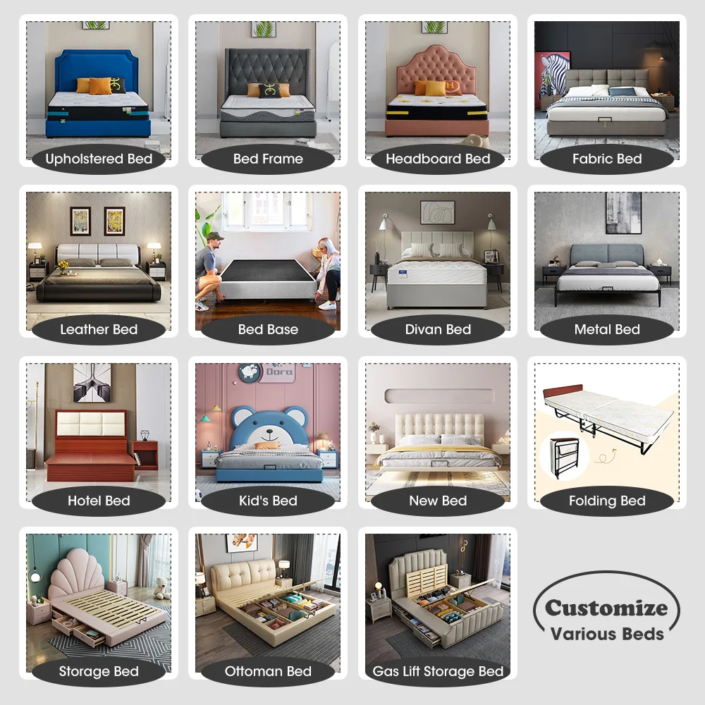 Customize mattress wooden sleep metal bed frame base headboard leather hotel tufted padding hardwood platform upholstered beds