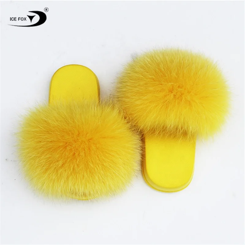 Factory wholesale non slip fur slides kids rainbow fur slippers little girls kids fox fur slippers