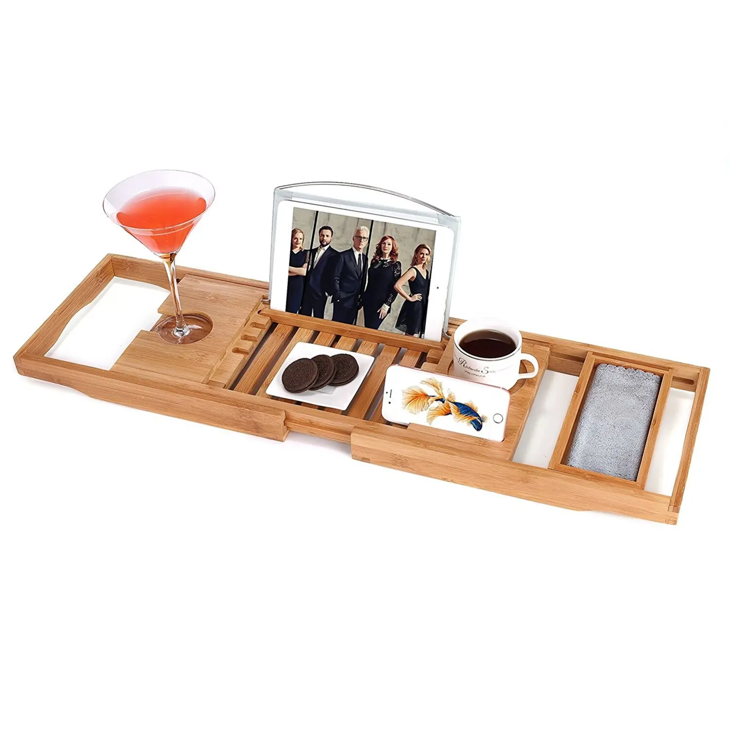 
Bamboo Bathtub Tray Caddy - Wood Bath Tray Expandable with Book, Wine Holder 