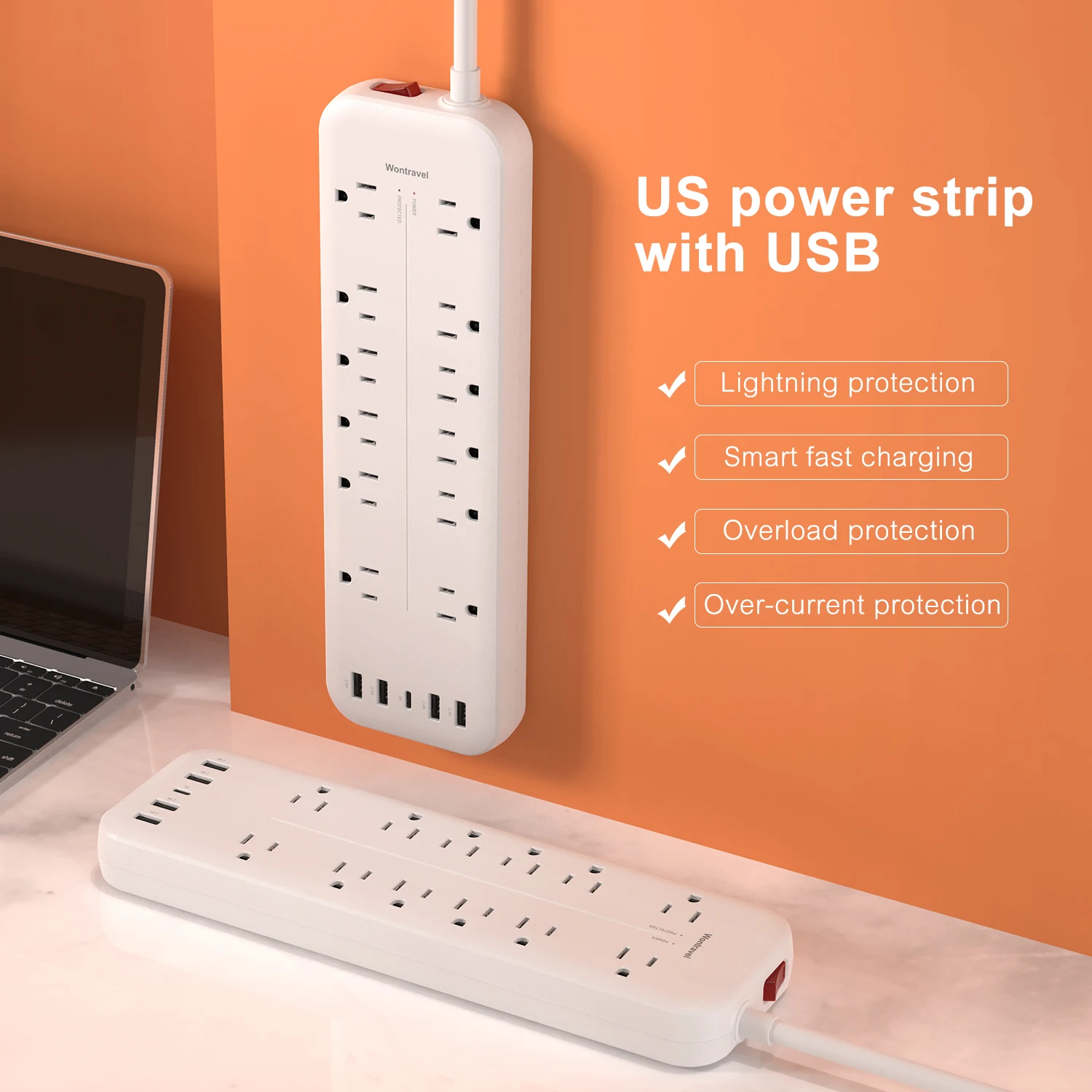 Wontravel hot selling electric board extension socket outlet 12AC usb power strip surge protector
