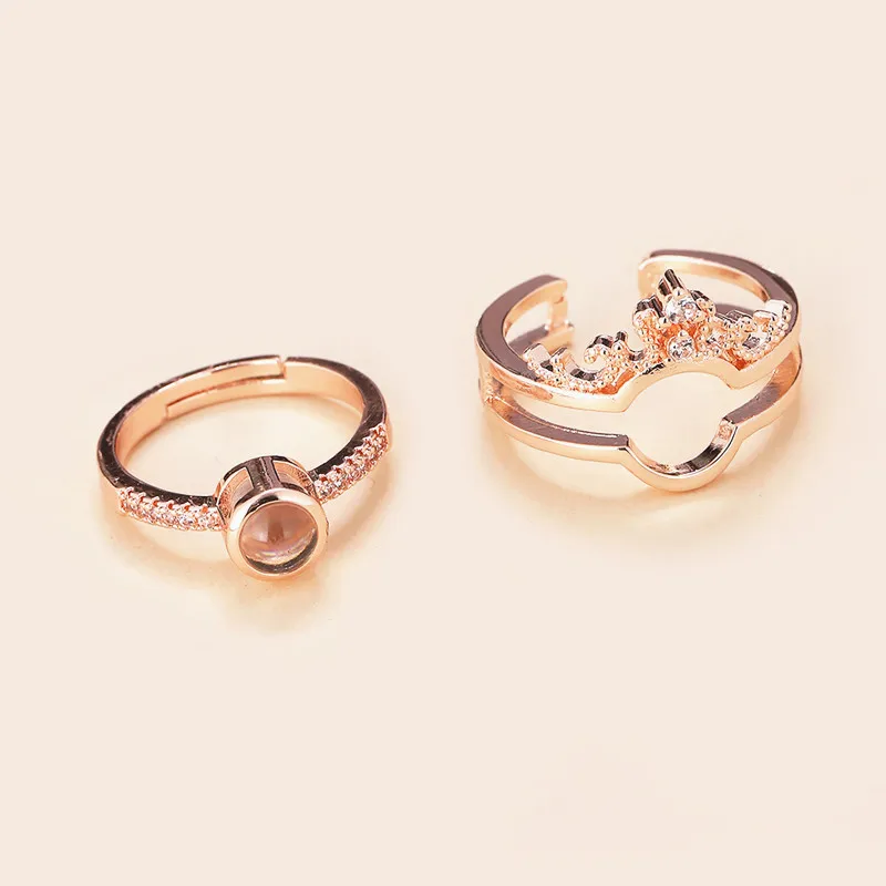 High quality crown rings gemstone rhinestone gold plated I love you fashion opening couple ring for women