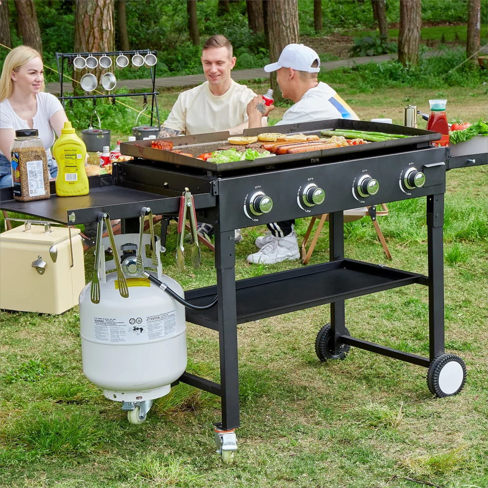 BBQ Movable Outdoor Wheel 4 Burner Fuel Folding Gas Griddle With Storage Rack Flat Tope Grills