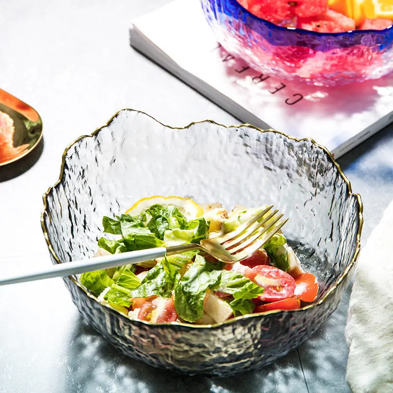 Salad bowl, net red tableware, fruit plate, high-value household hammered glass, dessert gold-edged bowl