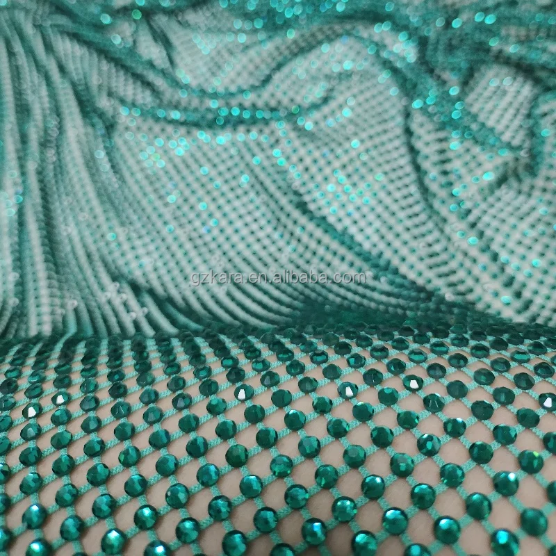Blue zircon crystal in fish net DMC quality rhinestone fabric for clothes