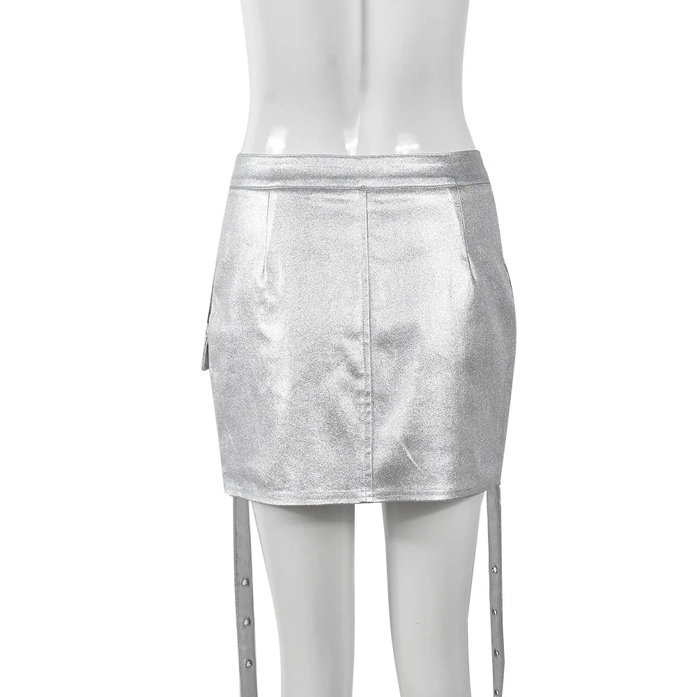 X11269C Metallic Silver Pink PU Leather Skirts for Woman Streetwear Sexy High Waist Cargo Mini Skirt Fashion 2024