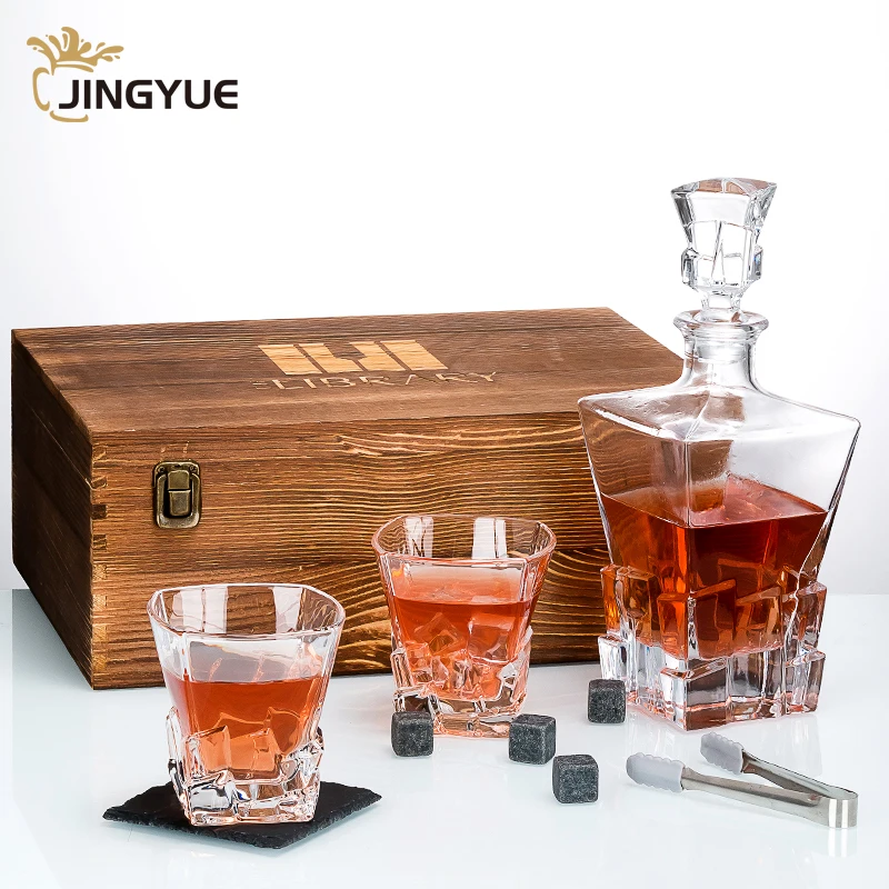 JingYue Square Shape Whisky Glass Gift Set Personalized Logo Old Fashioned Crystal for Cocktail Cognac Liquor Vodka