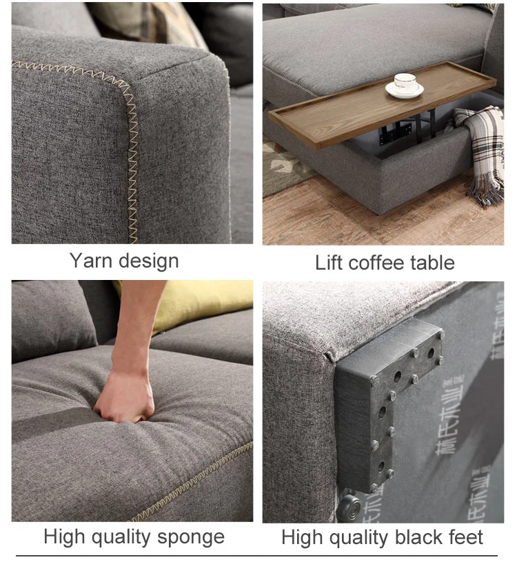 Modern European New L Grey Blue Corne Sectional Sofa Set With Storage Space