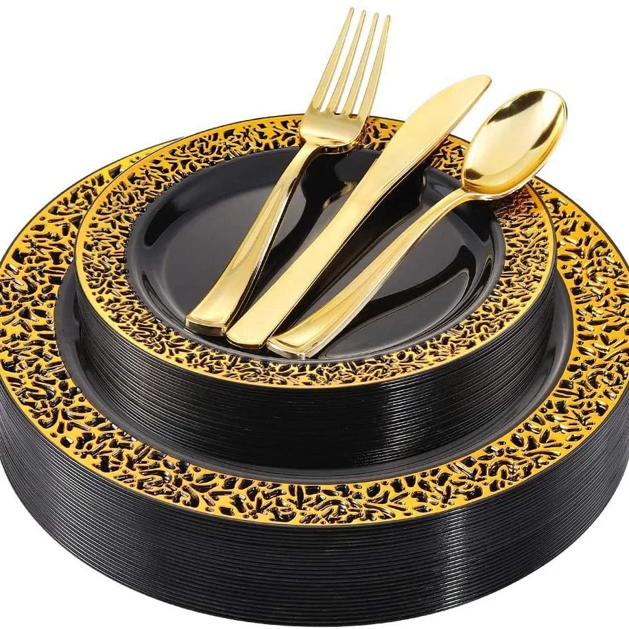 Disposable Black Dinner Plate Cutlery Set Knife Fork Spoon 7.5 inch 10.25 Party Hotel Wedding